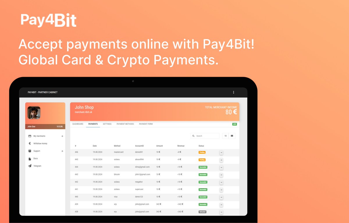 4bit_cex's tweet photo. 🚀 Introducing Pay4Bit: Your Ultimate 2-in-1 Payment Solution! 🚀

Are you looking for a seamless way to handle payments? Look no further! Pay4Bit is here to revolutionize the way you accept payments, combining both Crypto and Card Payments into one easy-to-use platform.

🔹 Why Choose Pay4Bit?

Dual Payment Acceptance: Support for both cryptocurrency and traditional card payments ensures you never miss out on a transaction.
3 Min ~ Integration time: Get up and running quickly with our simple integration process, tailored to fit your business needs.
User-Friendly Dashboard: Manage all your transactions, view reports, and access essential features through our intuitive and convenient personal dashboard.

Ready to elevate your payment processing? Discover more about Pay4Bit and how it can simplify your payment experience at https://t.co/6S2StEAoKG 

Join the future of payment processing today with Pay4Bit!

#Pay4Bit #CryptoPayments #CardPayments #Fintech #PaymentSolutions #SeamlessIntegration