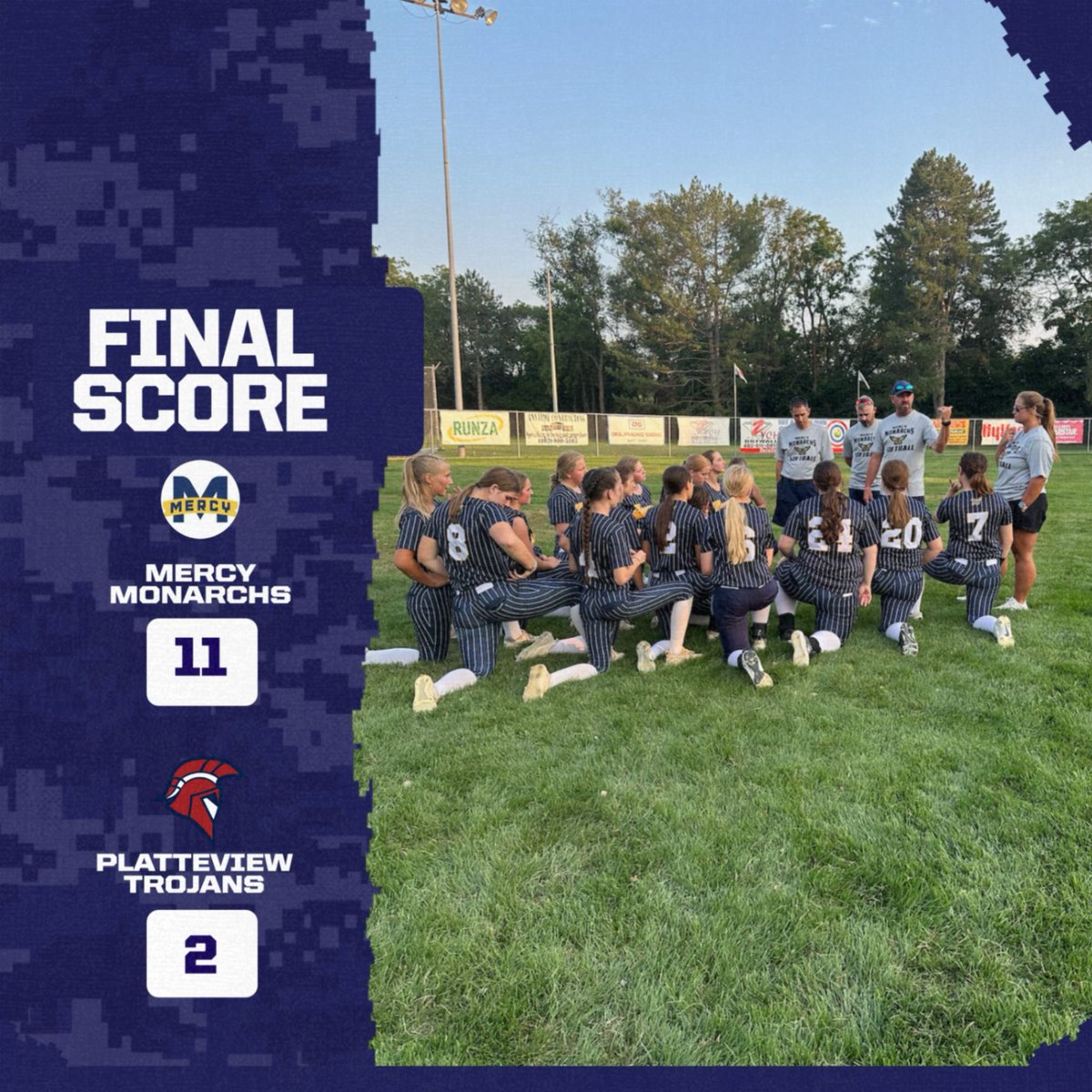FINAL

Mercy - 11
Platteview - 2

Lily Podany led the way with 2 hits &amp; our pitching staff combined for 9 K’s! 

Next up: @ South Sioux City on 8/21, JV at 5 with Varsity to follow