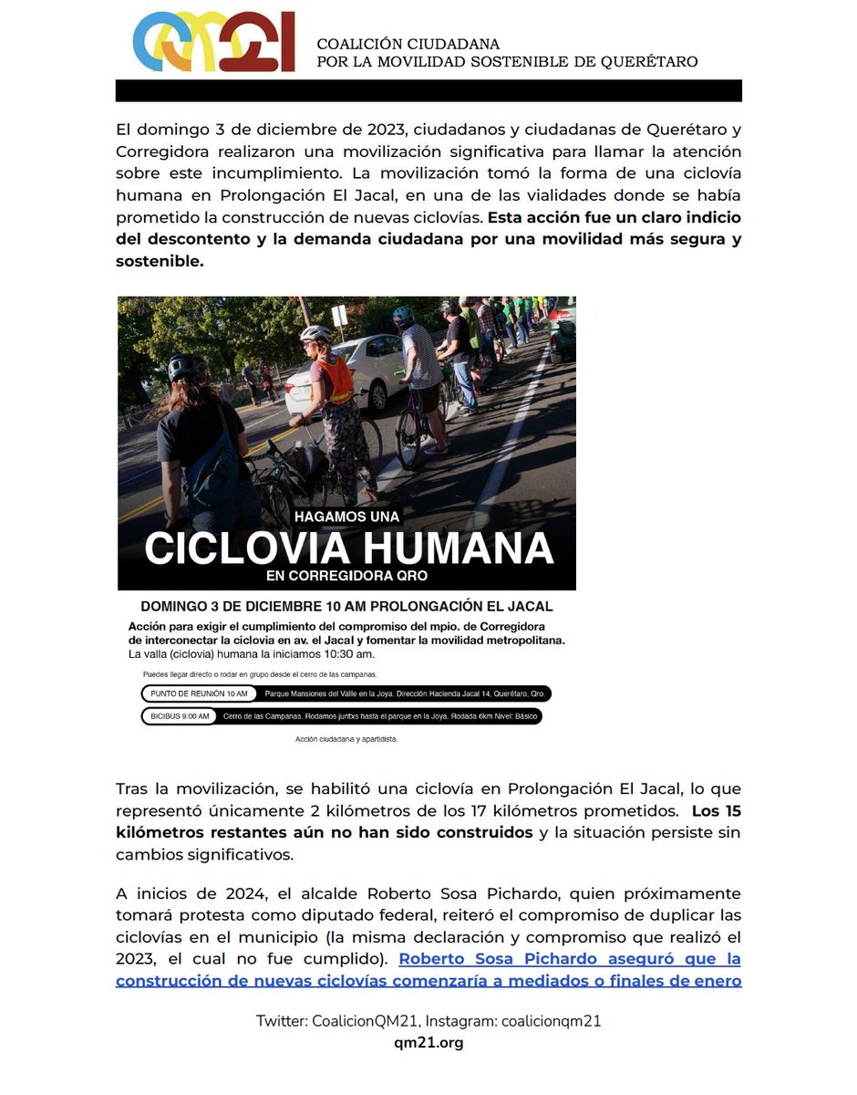 CoalicionQM21's tweet photo. 🗓️ #BoletínDePrensa | 19 de agosto 2024
🚴‍♂️ Urgente necesidad de cumplir con compromisos de movilidad sostenible en Corregidora

🧵👇 Abrimos hilo https://t.co/G5YGunT9Ao