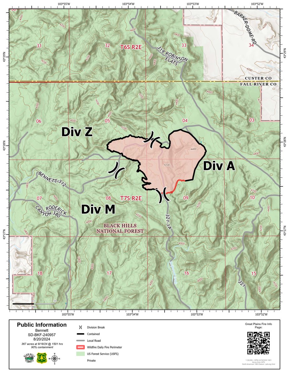 GPFireInfo's tweet photo. Firefighters continue to hold the Bennett Fire northwest of Edgemont, SD  - 367 acres, 90% contained. Read more here: https://t.co/Y7Wlbm8XvE https://t.co/Zwtw1Jx0GO