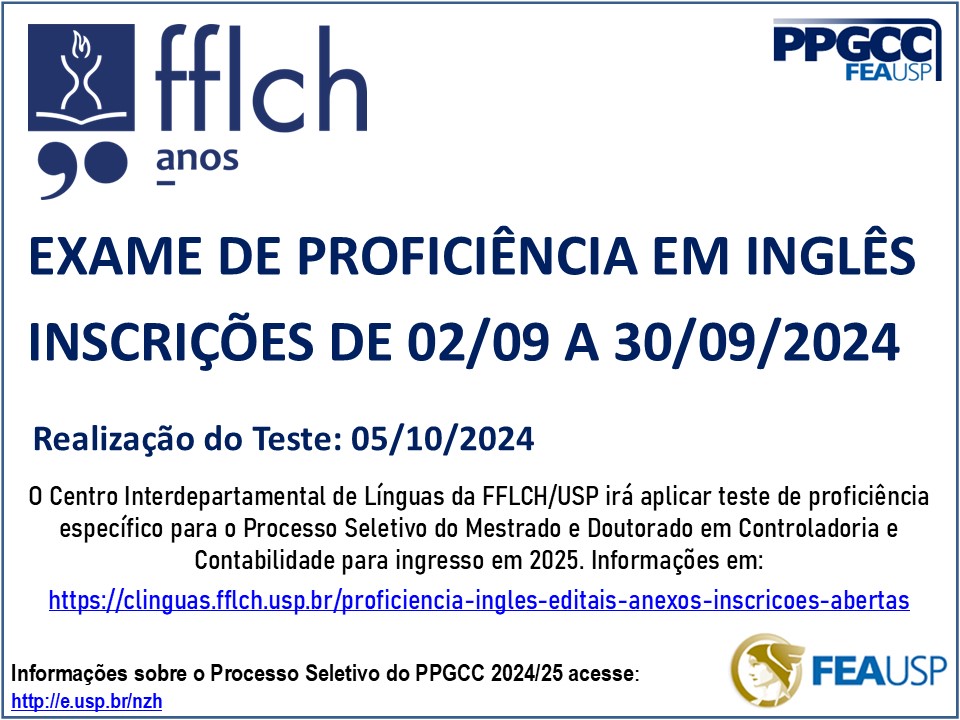 ppgccfea's tweet image. Prepare-se! A FFLCH/USP irá aplicar teste de proficiência em inglês válido para ingresso nos cursos de Mestrado e Doutorado.
Informações sobre o Processo Seletivo e demais testes aceitos: e.usp.br/nzh 
Informações do teste da FFLCH: clinguas.fflch.usp.br/proficiencia-i…