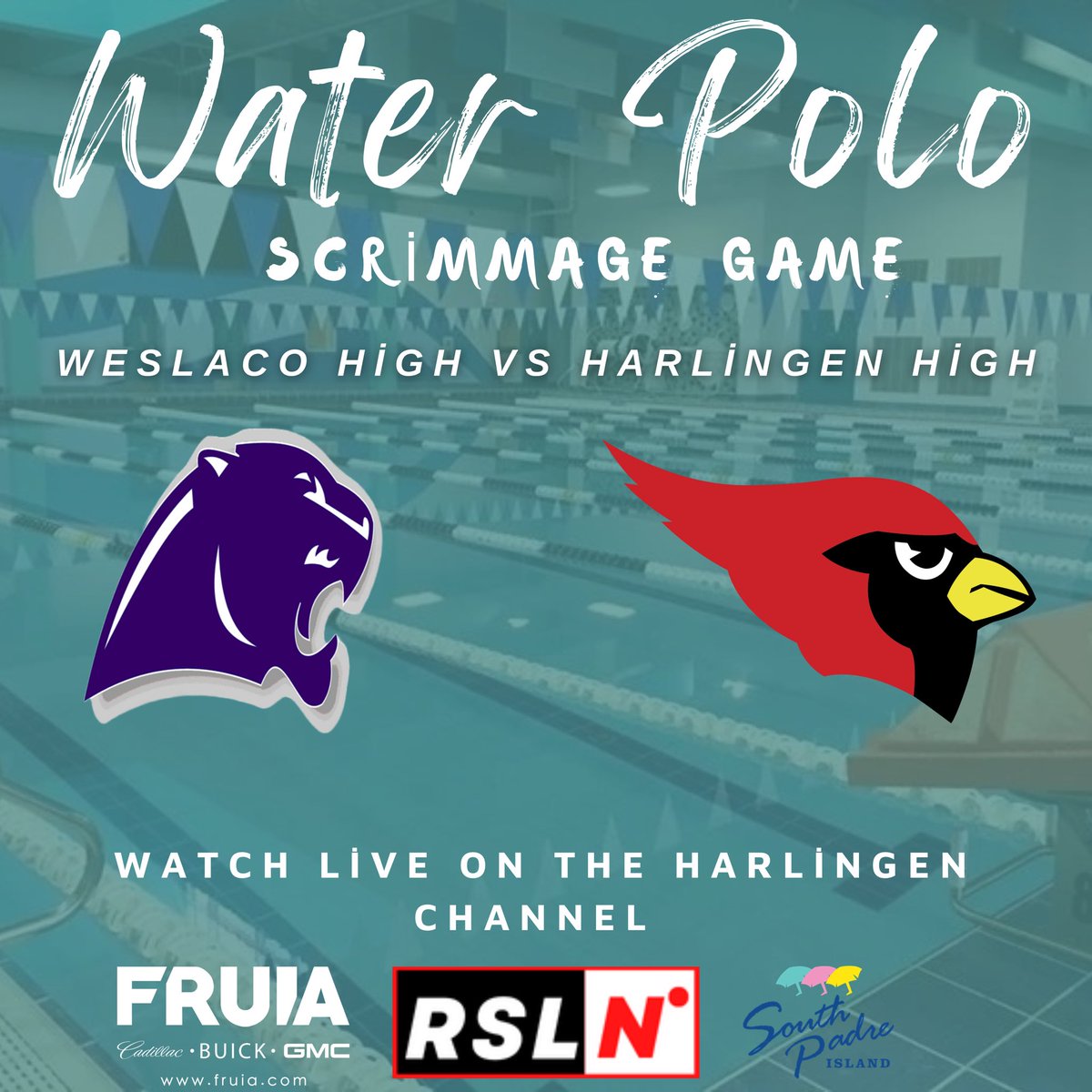 Coming up on the Harlingen Channel starting at 6:00pm 🤽‍♂️🤽‍♀️
The Harlingen Cardinals take on the Weslaco Panthers in a water polo scrimmage. The girls game begins at 6:00pm, the boys game right after. 

A Special Thank you to our Game Day Sponsor: Luke Fruia Motors. 

📺- Harlingen