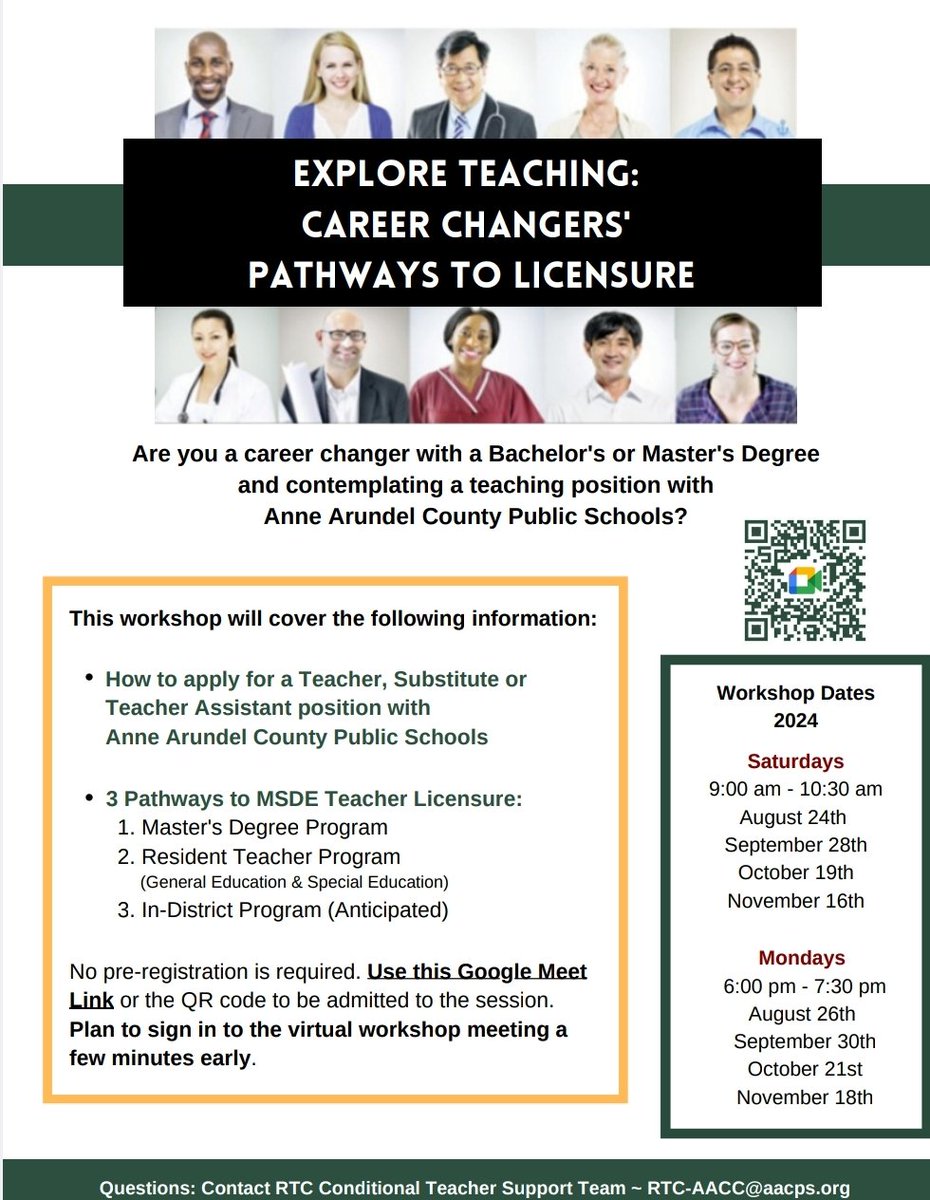 DeborahMontgmry's tweet photo. Interested in teaching in AACPS but don't have a MD teaching license?...If you have a bachelor's degree, attend one of these upcoming 90 min. workshops RTC-AACC@aacps.org - no registration required. https://t.co/DFETJUcgSr