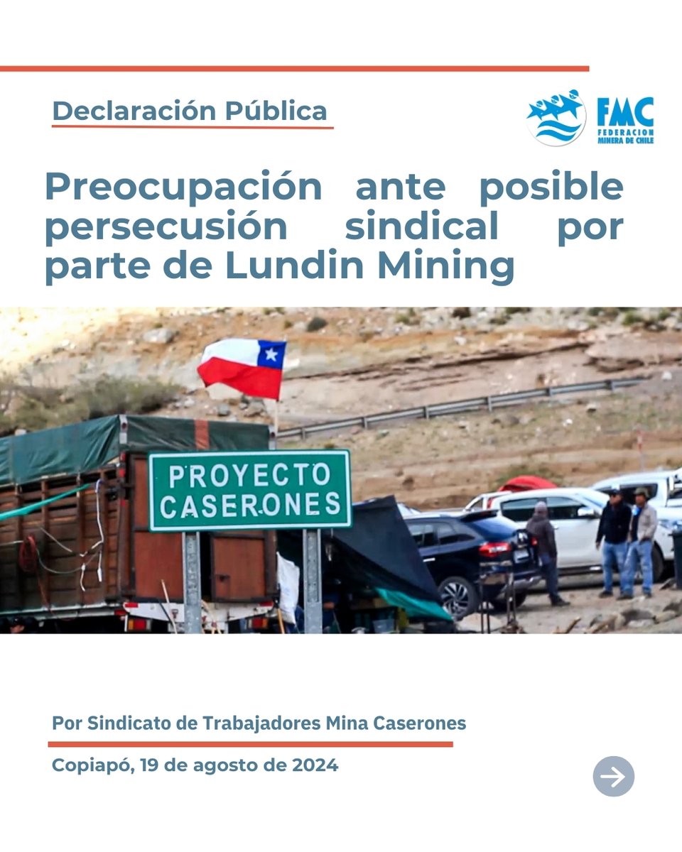 fedeminerachile's tweet photo. 📢 Lundin Mining anuncia acciones legales contra sus trabajadores en huelga. Desde la FMC expresamos nuestra preocupación por esta situación y reafirmamos nuestro apoyo a sus demandas.

Lee la declaración pública del Sindicato Minera Caserones ➡️ https://t.co/Lk5YjmMfGr https://t.co/GWPM5SJDW6
