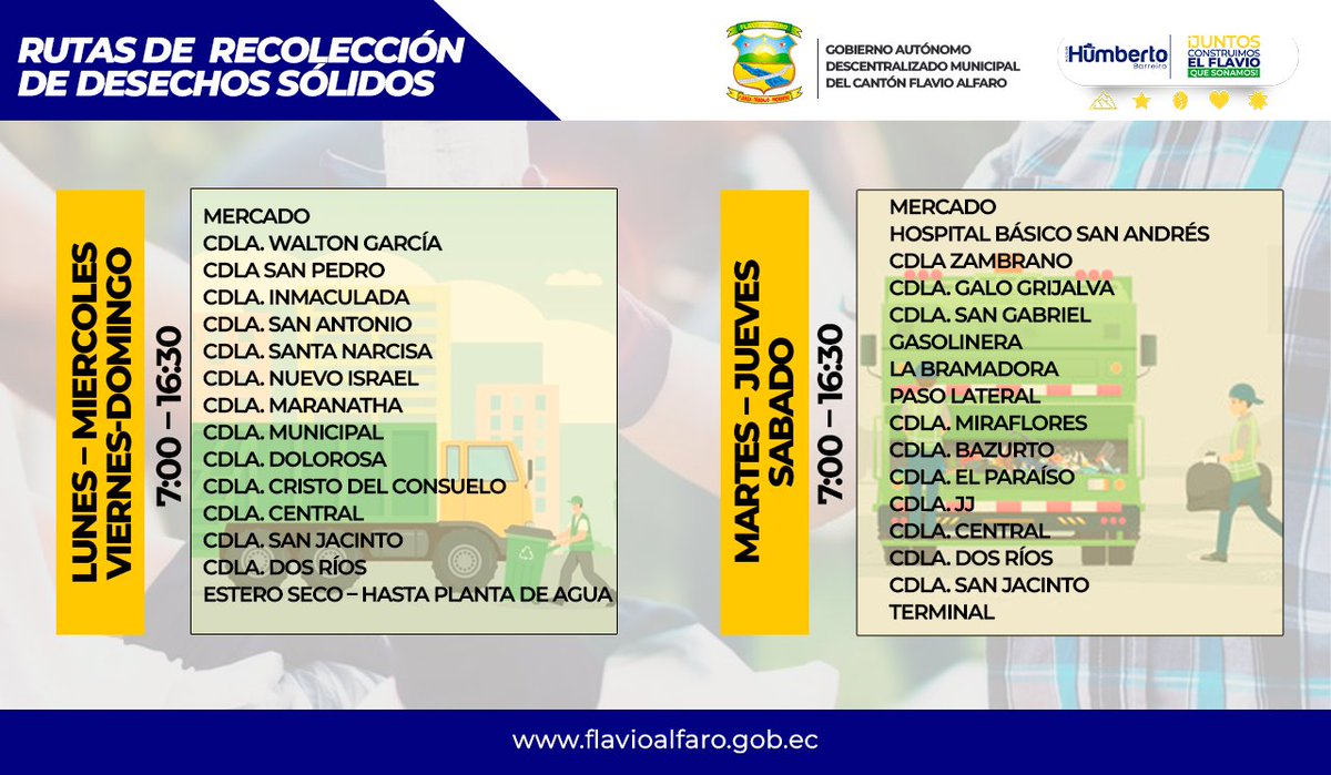¡Atención!
Comunicamos a la ciudadanía las nuevas rutas de recolección de basura y sus respectivos horarios.
La planificación es un pilar fundamente para la presente administración municipal; que busca consolidar acciones en beneficio del desarrollo integral del cantón.