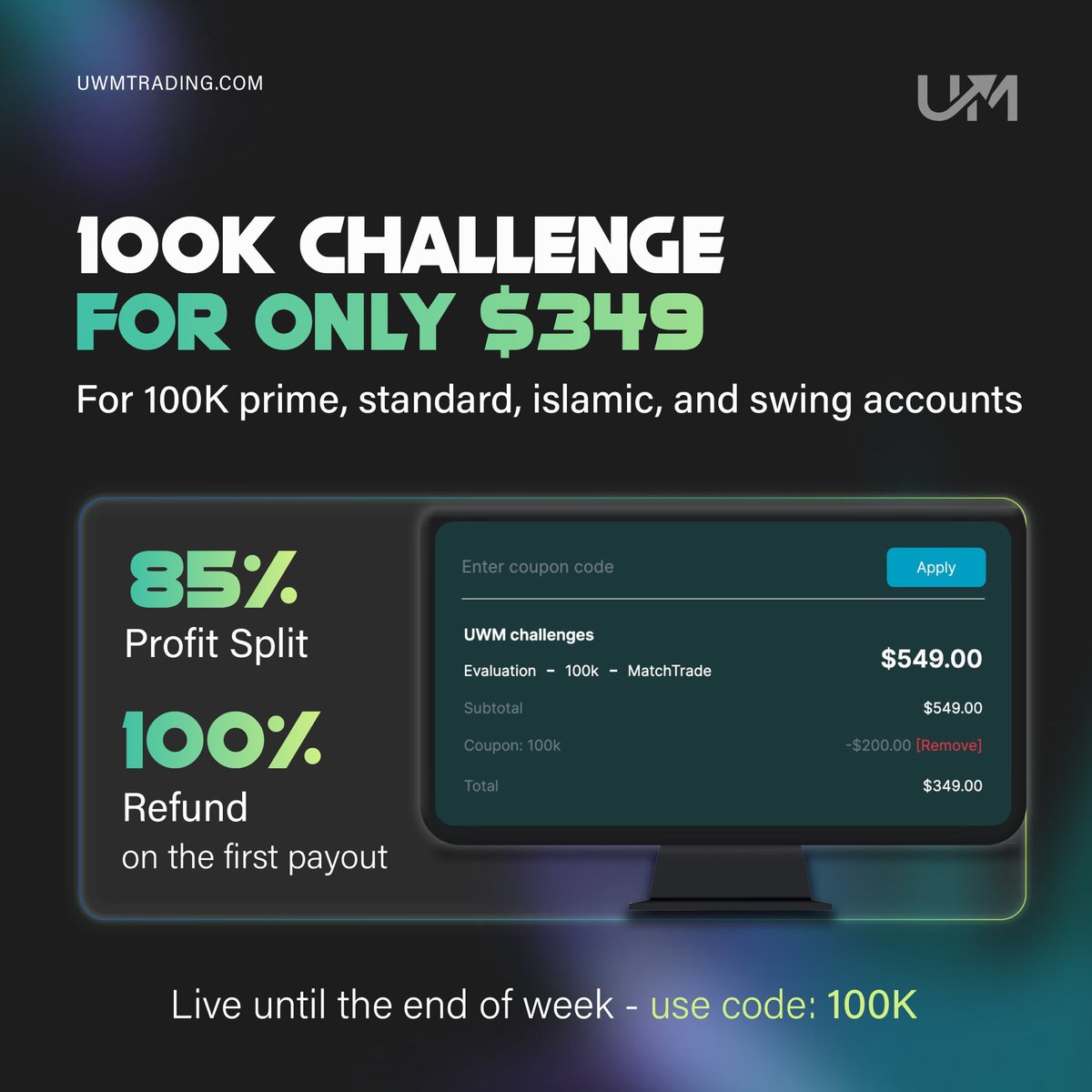 Use Code 100k at checkout 💚

uwmtrading.com