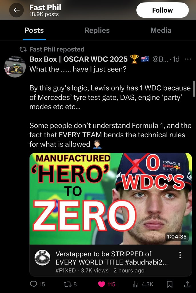 VHappens86772's tweet photo. I don’t think #SlowPhil (@FastPhil67427) realises that what he retweets is contradictory to what he says about Max and which accounts he supports in his own tweets. What an absolute clown 😂 🤡 

@BoxBoxAndStop https://t.co/vJpgbPaRch