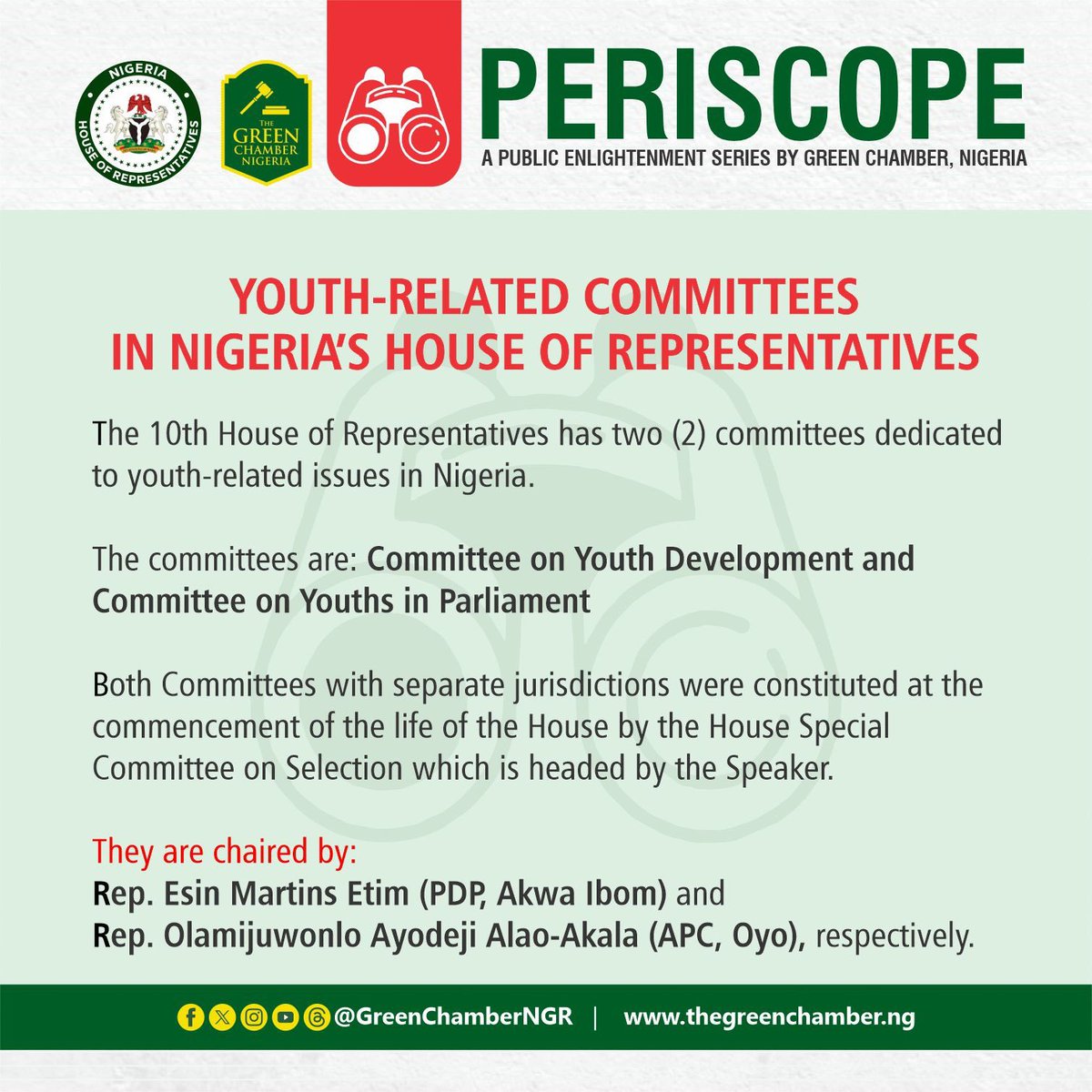 greenchamberngr's tweet image. Empowering Nigeria&apos;s Youth!

The 10th House of Representatives has since inauguration, been committed to amplifying the voices of young Nigerians. To achieve this, it constituted two youth-focused committees. 

A Thread 🧵

#GreenChamberNGR #Periscope