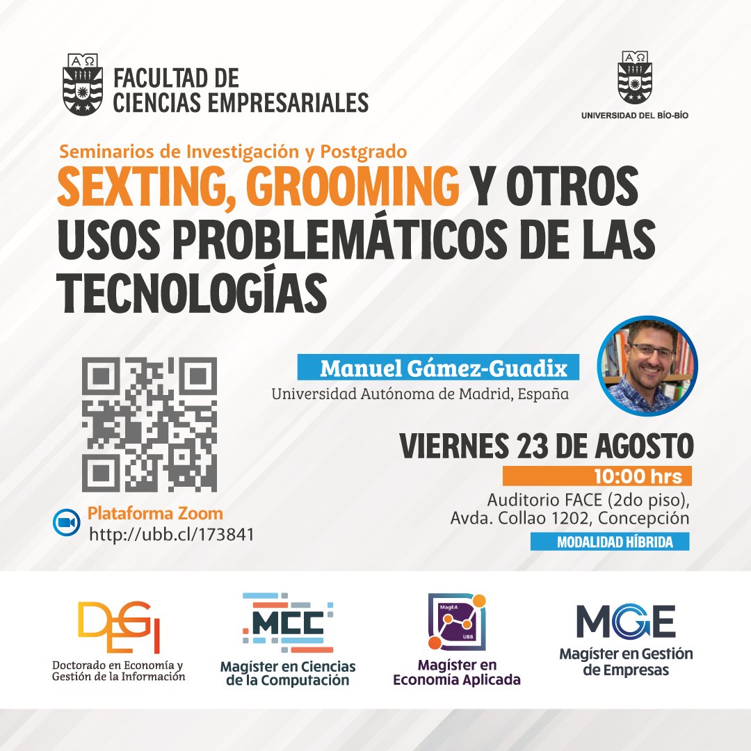 🛑SEXTING, GROOMING Y OTROS USOS PROBLEMÁTICOS DE LAS TECNOLOGÍAS🛑

Presenta: Dr. Manuel Gámez-Guadix, Universidad Autónoma de Madrid, España.

Modalidad: Híbrida ubb.cl/173841

¡No te pierdas esta oportunidad única de aprendizaje!