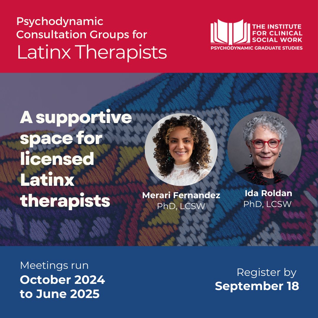 ICSW_Chicago's tweet photo. Are you a Latinx therapist looking for ways to connect and collaborate with other Latinx therapists?

Register for our first psychodynamic clinical consultation group for Latinx therapists! Register by Sept. 18. Regular meetings begin in October.

Sign up: https://t.co/tuNgXZeeY5 https://t.co/AdUg3P0r6Y