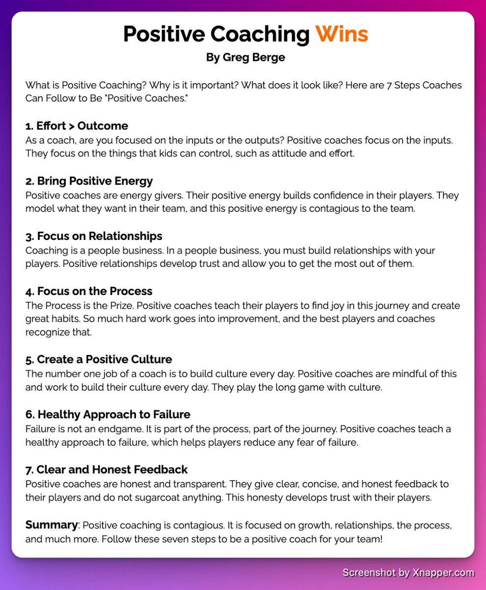 Positive Coaching WINS.

- What is Positive Coaching? 
- Why is it important? 
- What does it look like? 

Here are 7 Steps Coaches Can Follow to Be "Positive Coaches."

1. Effort > Outcome
As a coach, are you focused on the inputs or the outputs? Positive coaches focus on the