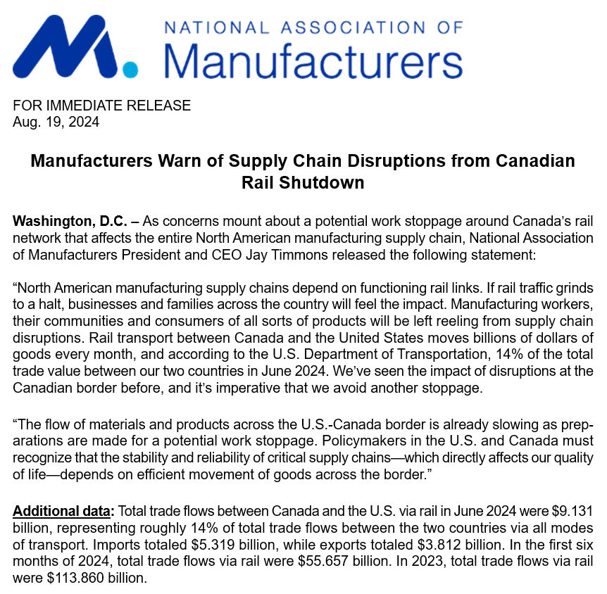 The NAM (@shopfloornam) on Twitter photo As concerns mount about a potential work stoppage around Canada’s rail network that affects the entire North American manufacturing supply chain, <a href="/JayTimmonsNAM/">Jay Timmons</a> released the following statement:
nam.org/manufacturers-… As concerns mount about a potential work stoppage around Canada’s rail network that affects the entire North American manufacturing supply chain, <a href="/JayTimmonsNAM/">Jay Timmons</a> released the following statement:
nam.org/manufacturers-…