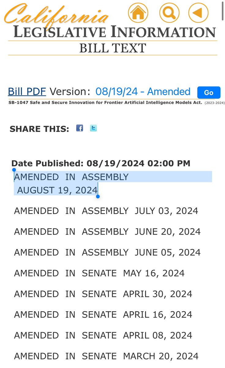 SB 1047 has been amended, reflecting some of the changes suggested by Anthropic. 

This is likely the final version of the bill we will see before it goes to a vote in the Assembly. 

🧵below with details.