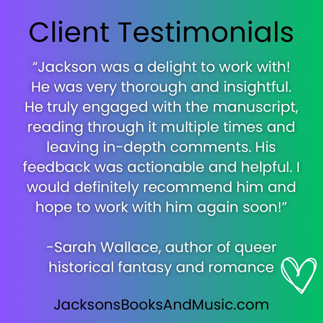 jxbooksandmusic's tweet image. Client Testimonials!

Thank you to all my amazing clients!

Part 1 of 2

#bookediting