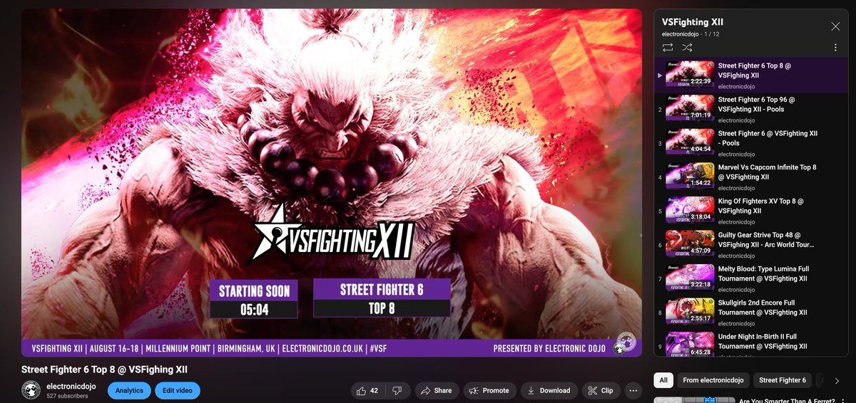 We are in the process of uploading VSFighting XII footage to our YouTube channel now! SF6, Strive and Granblue Top 8 matches are uploaded as well as Melty Blood, Under Night II and more!

Please be patient while we work on uploading the rest and adding timestamps etc. Feel free