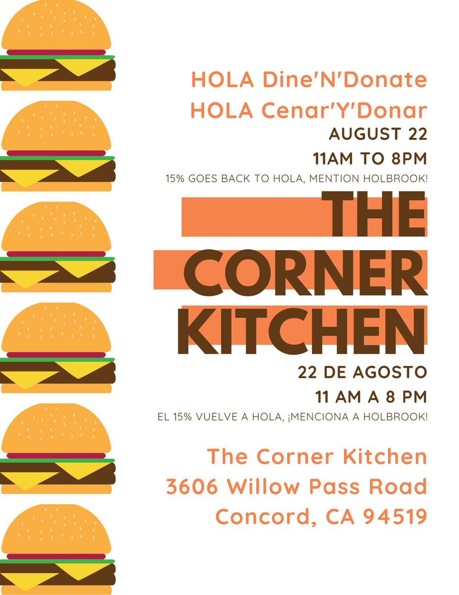 HolbrookPfc's tweet image. #HOLAPFC August Dime to donate event at the Corner Kitchen” Thursday from 11 am - 8 pm. 15% goes back to @HolbrookMDUSD - mention “Holbrook”