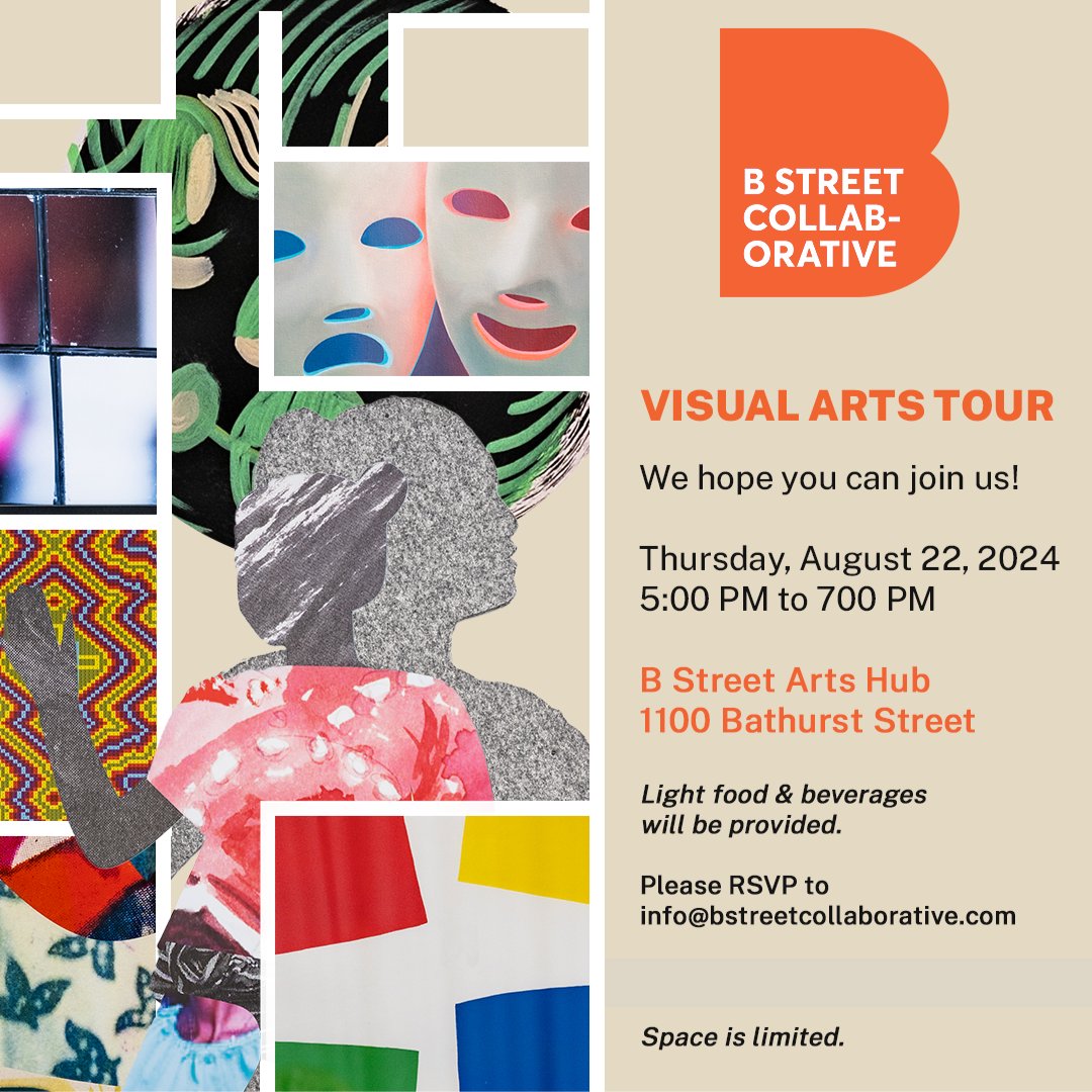 You're invited to a Visual Arts Tour at B Street Arts Hub! 🎨Join us Thurs Aug 22, 5-7 at 1100 Bathurst Street for light refreshments and a stimulating discussion with our curator Mia Nielsen. Please RSVP to info@bstreetcollaborative.com - we look forward to seeing you there!
