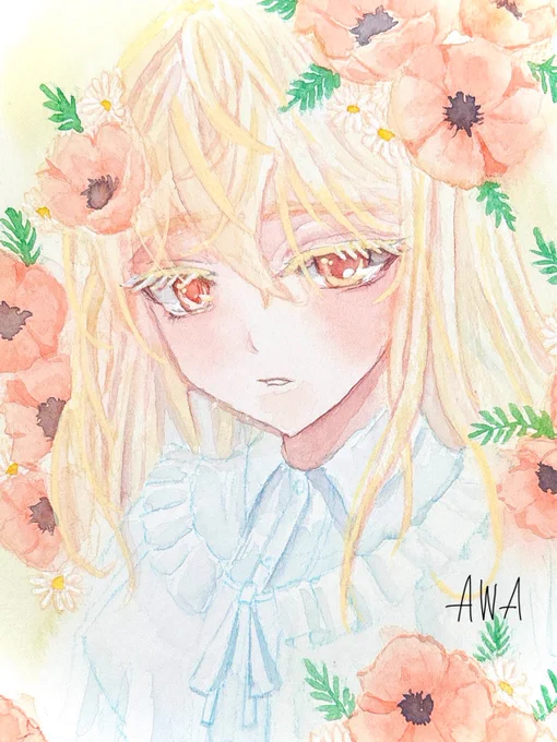 アネモネと女の子! 金色まつ毛がこだわりポイントです!! 人物とお花の組み合わせを練習中です