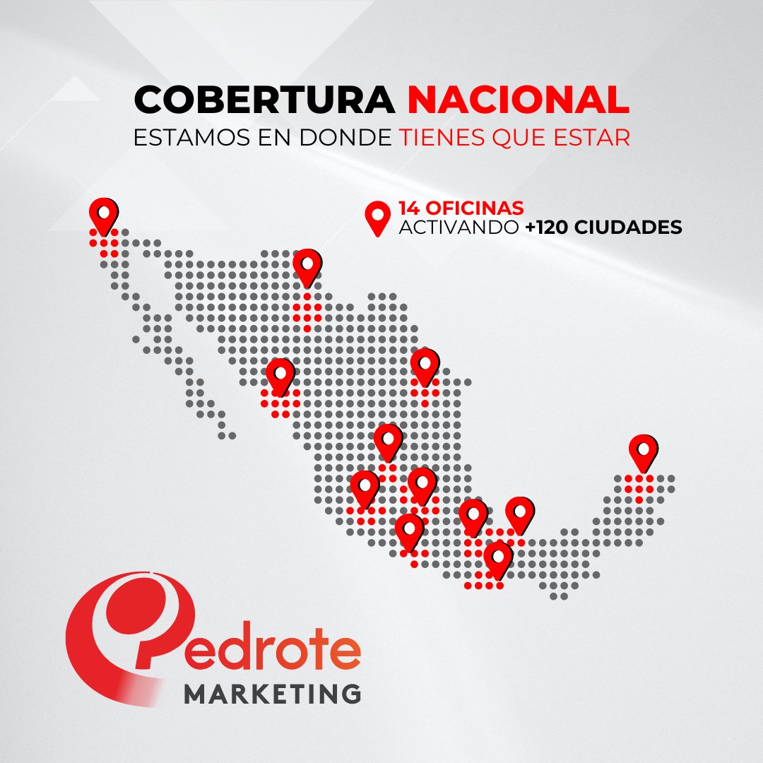 ¡Estamos presentes en todo México!
En Pedrote Marketing, contamos con 14 oficinas estratégicamente distribuidas por todo México, lo que nos permite llevar nuestros servicios de Marketing de Contacto a más de 120 ciudades cada día. #TradeMarketing #Promociones #MarketingDeContacto