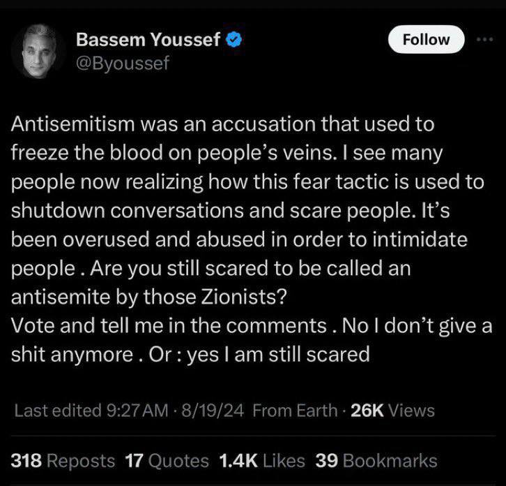 ⚡️X has suspended the comedian Bassem Youssef’s account after he posted this