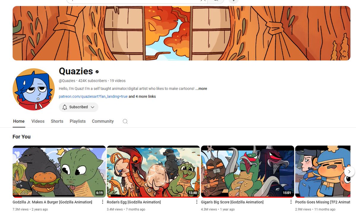 spankzilla85's tweet photo. The latest channel to be mistreated by @YouTube is @quaziesart, the extremely popular creator of animations like "Godzilla Jr. Makes A Burger" and "Rodan's Egg," having just had their funding cut off for *checks notes* NO reason. So consider supporting them directly! https://t.co/8HK89GBVVb