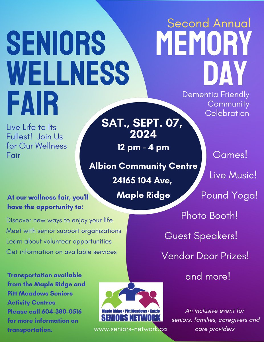 Centre for Research on Personhood in Dementia (@bc_crpd) on Twitter photo Join <a href="/MyrnaNorman14/">Myrna Norman</a> and the Maple Ridge and Pitt Meadows Seniors Activity Centres on Saturday, Sept 7th at 12-4pm for the Second Annual Memory Day combined with a Seniors Wellness Fair!
At the Albion Community Centre in Maple Ridge Join <a href="/MyrnaNorman14/">Myrna Norman</a> and the Maple Ridge and Pitt Meadows Seniors Activity Centres on Saturday, Sept 7th at 12-4pm for the Second Annual Memory Day combined with a Seniors Wellness Fair!
At the Albion Community Centre in Maple Ridge