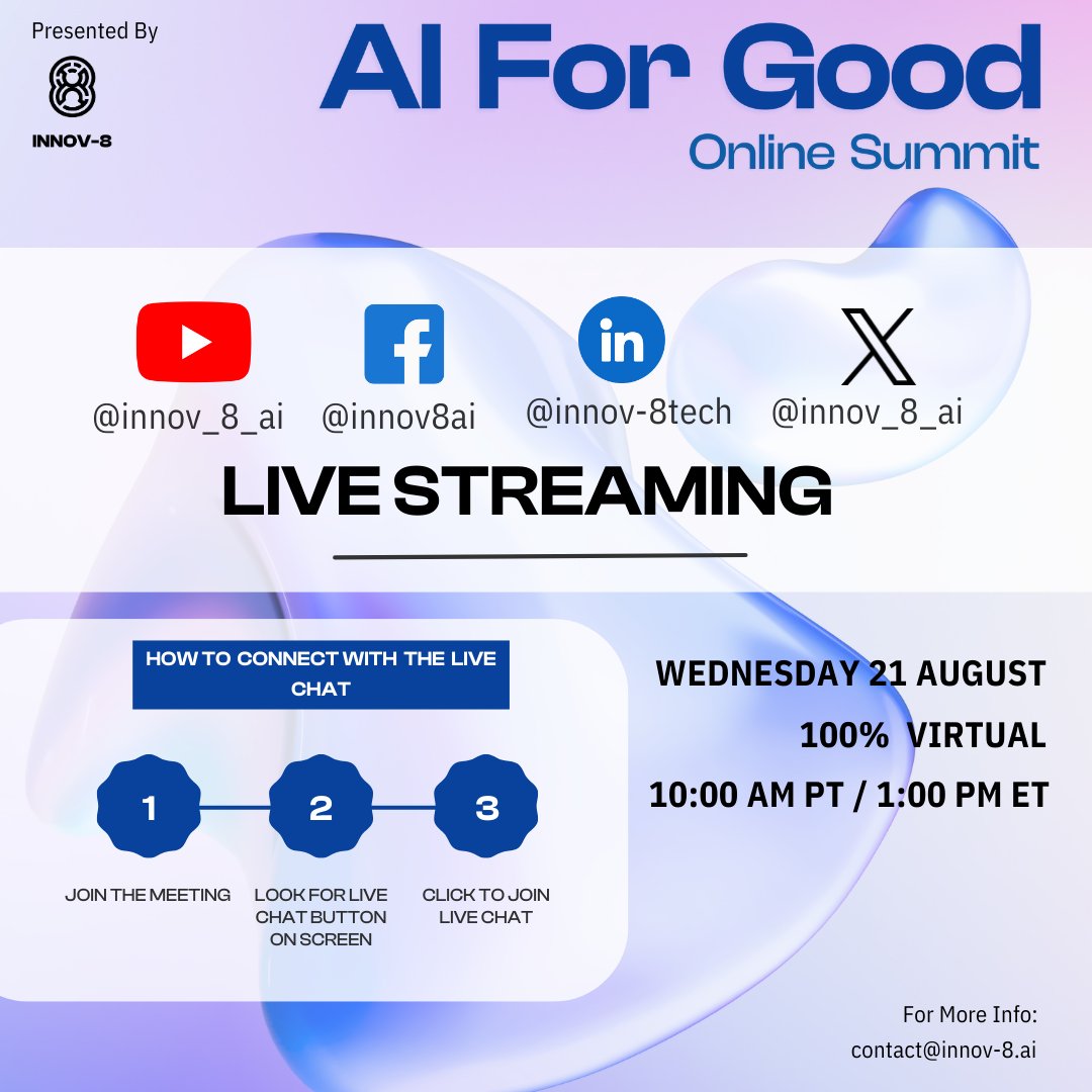innov_8_ai's tweet photo. 🚀 Join us for the AI For Good Online Summit - Presented by INNOV-8!

YouTube: https://t.co/8ovuzVvctQ
Facebook: https://t.co/W7hcbJUdMQ
LinkedIn: https://t.co/0ZjtLDTkwV
X: https://t.co/LRCjRaJGrE

#AIForGood #INNOV8 #AI #TechnologyForGood #OnlineSummit https://t.co/4JxLQlxMHR