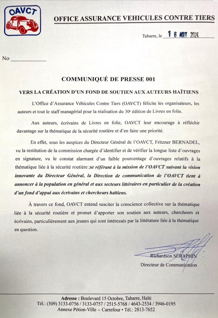 telegramme360's tweet photo. L'OAVCT cherche à promouvoir la publication de livres autour de la Sécurité routière par la création d'un fonds d'appui aux auteurs et chercheurs en la matière. Dans un communiqué paru en date du 18 août 2024, l'Office Assurance Véhicules Contre Tiers se réfère à la dernière édition de Livres en Folie pour constater une faible production littéraire en rapport à cette thématique. L'appui financier envisagé par l'organisme étatique vise à contribuer à une prise de conscience collective sur la question. @OAVCTHAITI #telegramme360