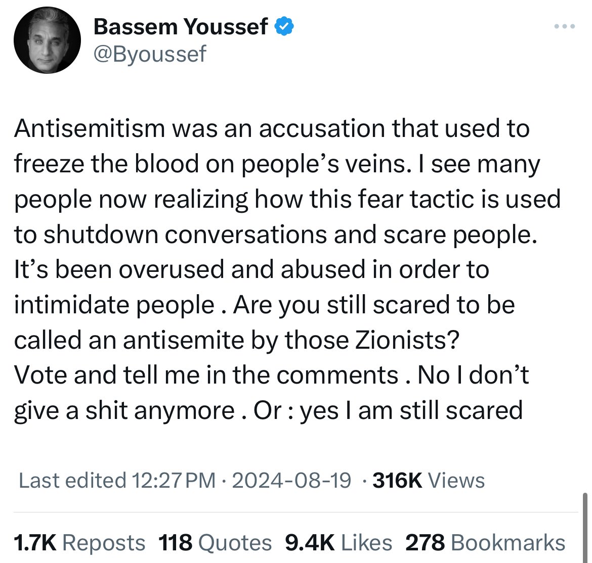 Ala'a on X: "Bassem Youssef's last tweet before his account got suspended. https://t.co/iFjknvf0Zr https://t.co/vkjj7HdQlC" / X