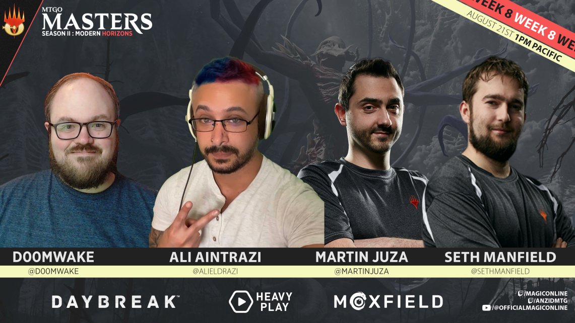 MagicOnline's tweet image. This week two more players will be ELIMINATED from #MTGOMasters - it&apos;s time to send them your spirit energy ༼ つ ◕_◕ ༽つ 🔵🙌

Tune in Wednesday 1pm PT at:
🔹twitch.tv/magiconline
🔹twitch.tv/anzidmtg

🔸 Pod 8
🔹 @d00mwake 
🔹 @AliEldrazi
🔹 @MartinJuza
🔹 @SethManfield