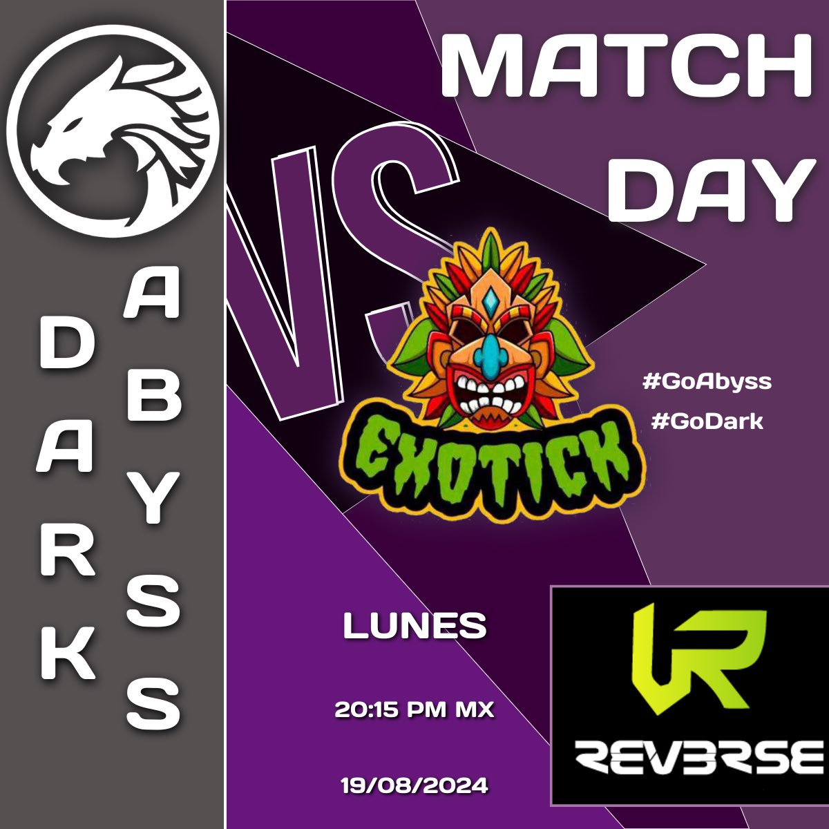 TeamDarkAbyss's tweet photo. Hoy el abismo se enfrenta ante @exotickesports en la semana 2 de la @LigaReverse 

Nos vemos en el stream apoyando al team

#GoAbyss #GoDark https://t.co/YlJqglc8kq