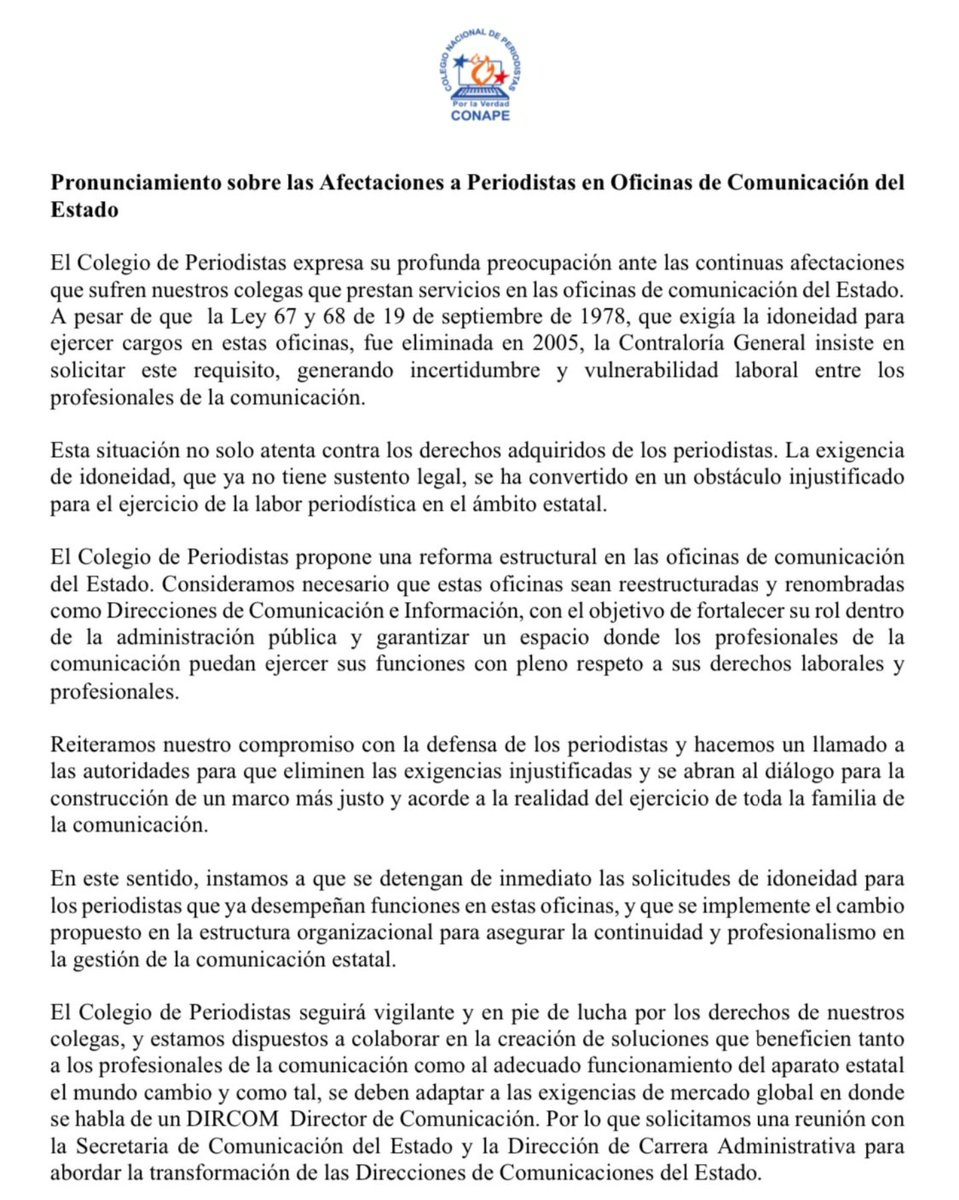 Pronunciamiento del <a href="/Conape_Panama/">CONAPE Panamá</a> sobre las afectaciones a periodistas, expresa su profunda preocupación ante las continuas afectaciones que sufren los periodistas que prestan servicios en las oficinas de comunicación del Estado. Propone una reforma ESTRUCTURAL.