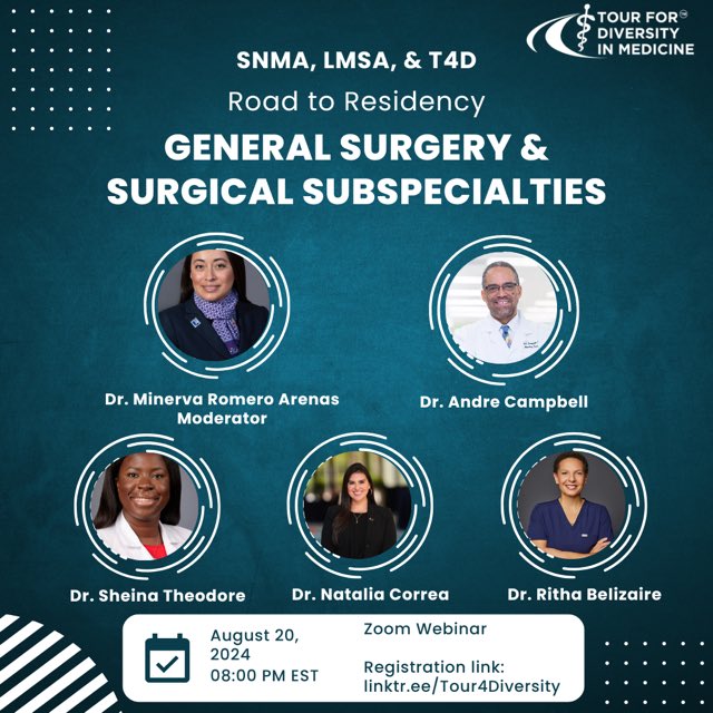 Looking forward to participating in the Road to Residency on 8/20/2024 at 8pm. Will be a great session for UIM applicants. Sponsored by SNMA, LMSA and T4D!