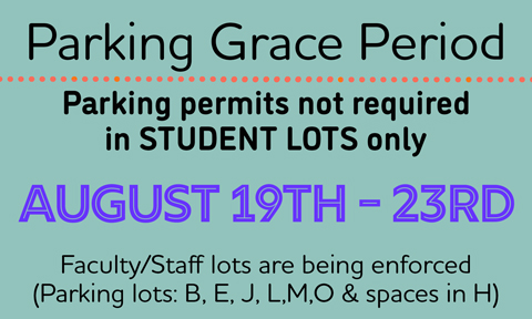 Welcome back to campus! 

Please park in the Student/General Parking Lots. We are not ticketing in those lots this week (August 19-23), to give you time to order your semester permit. mycampuspermit.com/eastbay

(Faculty/Staff lots are enforced during this time)