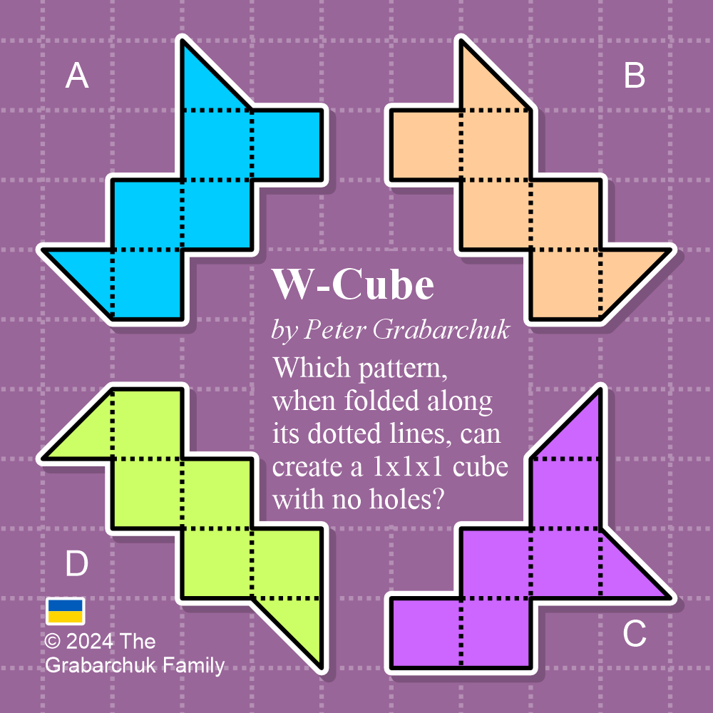 PuzzleMove's tweet photo. W-Cube (by Peter #Grabarchuk). Which pattern, when folded along its dotted lines, can create a 1x1x1 cube with no holes?
#WCube #puzzle #cube #fold #foldpuzzle #cubepuzzle #brainteaser #solve #challenge #think #SupportUkraine 🇺🇦 https://t.co/6r9Vv1ilJq
