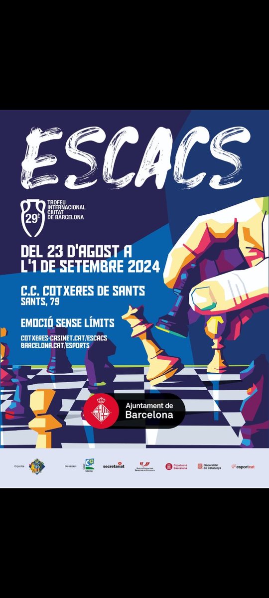 El viernes empieza el clásico y multitudinario Open internacional d'Escacs de Sants. El Torreblanca estará representado por Luis, Julià, Alejandro, Páez, Virgilio y Manel. Molta sort, companys!🍀♟️