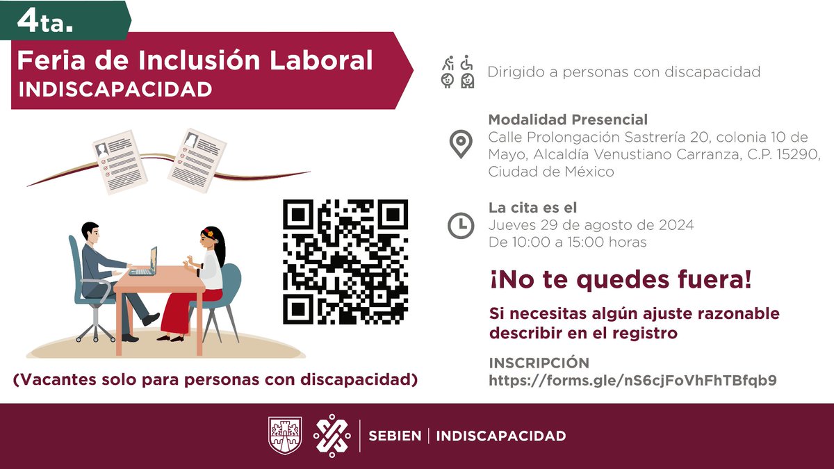 Te invitamos a la “4ta. Feria de Inclusión Laboral INDISCAPACIDAD”, el día 29 de agosto de 10 a 15 horas en las instalaciones del Instituto de las Personas con Discapacidad, es importante traer su CV impreso.
Inscríbete en la liga: forms.gle/nS6cjFoVhFhTBf… o escanea el QR