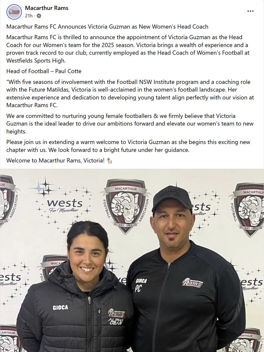 One to watch on the coaching pathway, Victoria Guzman has the job at <a href="/MacarthurRams/">Macarthur Rams FC</a> in NPLW NSW next season, succeeding new Perth Glory coach Stephen Peters. 

The 27-year-old was selected for the Junior Matildas in 2013 and also played <a href="/aleaguewomen/">Ninja A-League</a> for Western Sydney Wanderers.