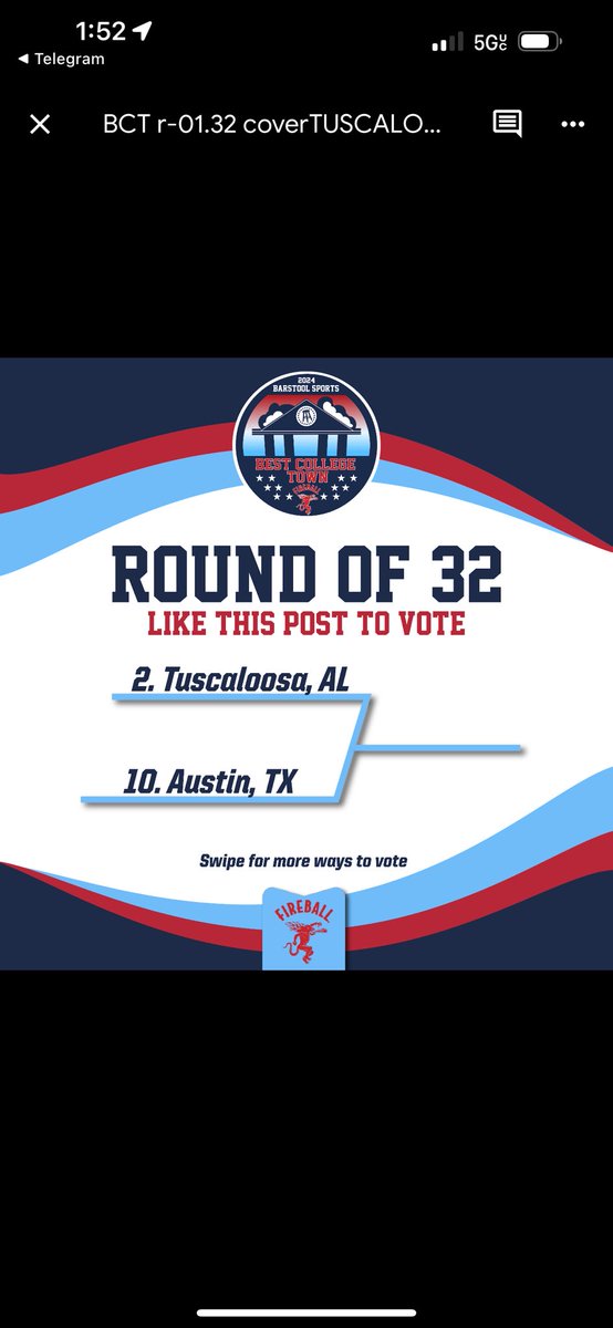 BarstoolAlabama's tweet photo. 🚨TUSCALOOSA! Round of 32
voting has begun🚨
Retweet THIS POST or Tweet #TuscaloosaBCT on X!
Text BAMA to 90448! Make sure to confirm so your vote counts
Best College Town Round of 32 presented @FireballWhisky https://t.co/iaAVRbso6q
