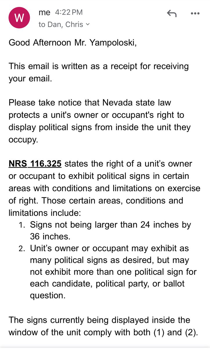 WhitneyChanell's tweet photo. Update on my apartment complex trying to make me remove my Kamala Harris and Jacky Rosen signs: After 2 notices telling me to take them down and telling me they will charge me $30 if I don’t, they’ve now had an attorney email me to take them down, stating they will be doing a walkthrough to ensure I have.

Below is my response. I hope they’re prepared to pay the attorney to do more than just send a notice.