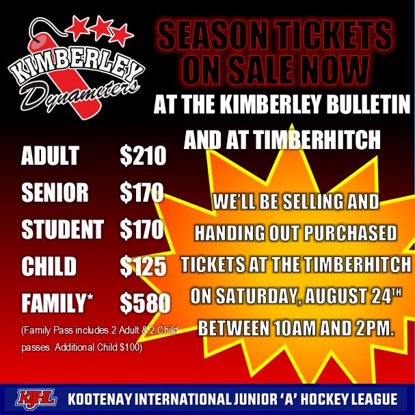 nitroshockey's tweet photo. 🧨Kimberley Dynamiters Season Tickets on Sale Now💥 We’ll be selling and handing out sold tickets at the Timberhitch on Saturday August 24th from 10am-12pm. We’ll also be at the Civic during Training Camp the following weekend. Stay tuned for more dates/times. #kijhl #dynamiters https://t.co/0vMDkOODDl