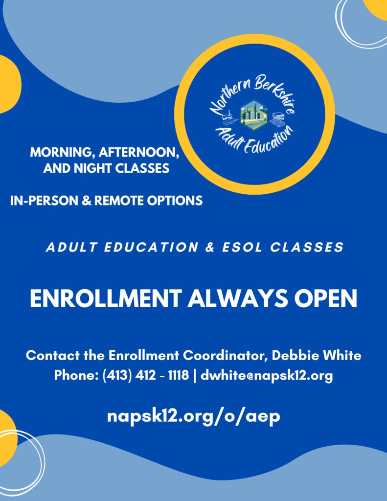 North Adams Public Schools (@napsk12) on Twitter photo Are you interested in earning your High School Equivalency Diploma (HSE) via HiSET/GED? We are currently enrolling for the fall 2024 semester, starting the week of September 9, 2024. Contact our Program Director at apecor@napsk12.org or 413-412-1118. Are you interested in earning your High School Equivalency Diploma (HSE) via HiSET/GED? We are currently enrolling for the fall 2024 semester, starting the week of September 9, 2024. Contact our Program Director at apecor@napsk12.org or 413-412-1118.
