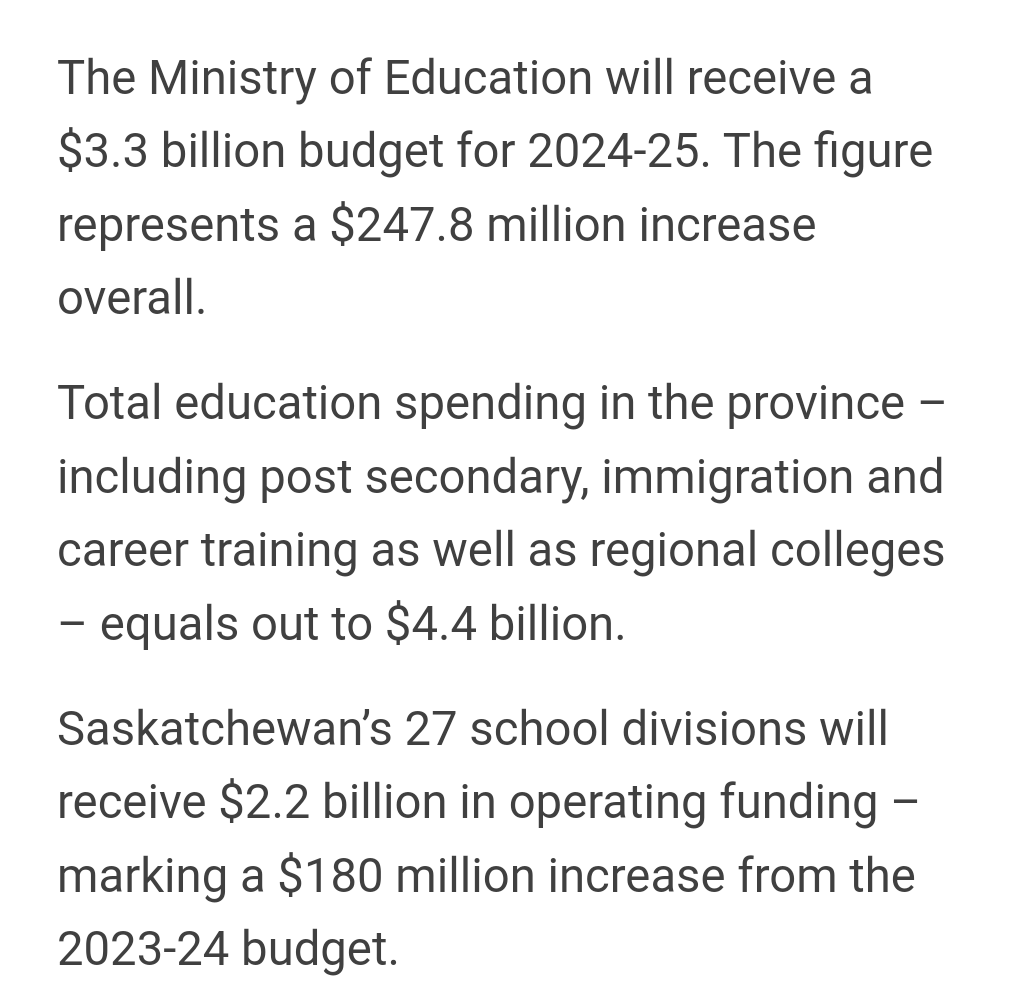 TorrMLA's tweet photo. 2024-25 Budget: Saskatchewan allocated the largest amount of funding to education in the history of the province. Student population is increasing and inflation has been high. There is work to do. But, Premier Moe and the Sask Party prioritize education.
 https://t.co/8V4qk3LYHe. https://t.co/aA3Y2NfoaB