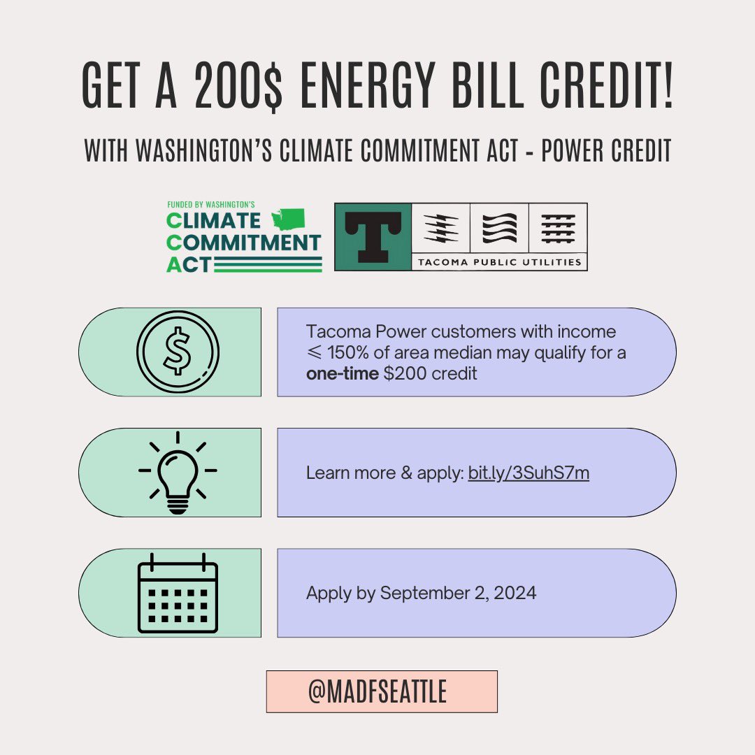 Eligible Tacoma Power customers can get a $200 energy bill credit through Washington’s Climate Commitment Act! Apply by September 2nd here mytpu.org/you-may-qualif…