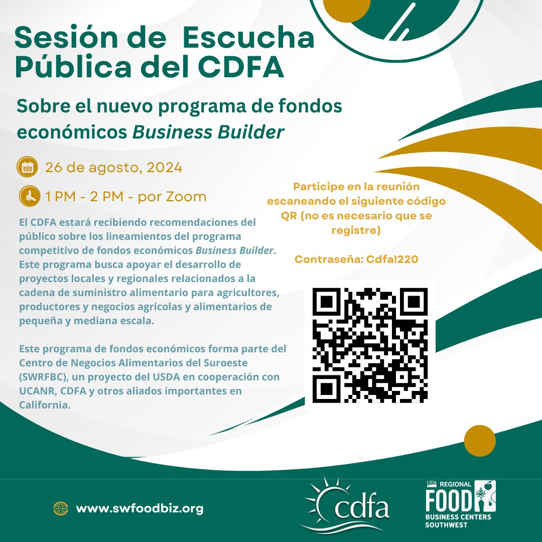 Sesión de Escucha Pública Virtual sobre el Programa de Fondos Económicos Business Builder- 26 de agosto a la 1 PM
No es necesario que se registre.
us02web.zoom.us/j/86139366314
ID: 861 3936 6314
Contraseña: Cdfa!220