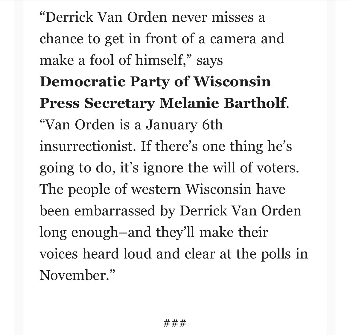 .@wisdems “Derrick Van Orden never misses a chance to get in front of a camera and make a fool of himself.”

💯