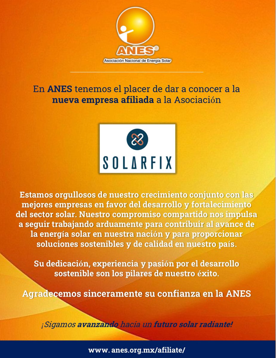 anes_oficial's tweet image. ¡ANES sigue creciendo! ☀️
En esta ocasión le damos la más cálida bienvenida a #SOLARFIX

Conoce más de ellos en: 
Página oficial |solarfix.com.mx 
FB | bit.ly/4dRJ8EP