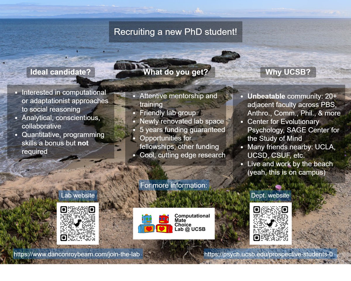 Our lab is recruiting a new PhD student for Fall 2025. Please share!

If you're interested in adaptationist/computational approaches to human social reasoning, esp. mate choice, I'd love to see your application.

More information here: danconroybeam.com/join-the-lab