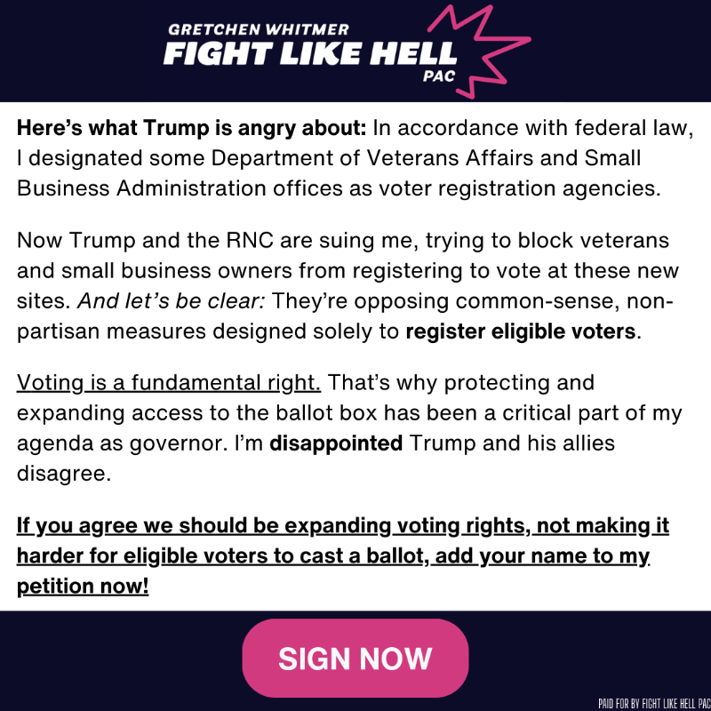 gretchenwhitmer's tweet photo. 🔴 Donald Trump and the Republican National Committee filed a lawsuit against me because of my work helping eligible veterans and small business owners register to vote. ⤵️