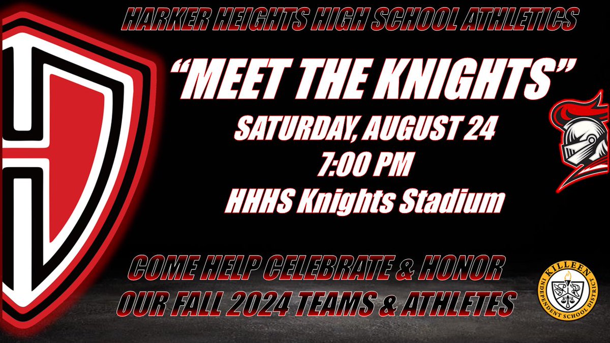 Mark Humble (@markhum7) on Twitter photo Come help celebrate & HONOR our teams & athletes to kick off the Fall 2024 Seasons at HHHS Knights Stadium <a href="/HhhsKnights/">HHHSKnights</a> this Saturday (8/24) 7:00 PM!
#RepTheShield 🛡️ #HonorHeights ⚔️
<a href="/KilleenISD_/">KISD Sports</a> <a href="/mattcarroll2121/">Matt Carroll</a>
<a href="/KDHsports/">KDH Pressbox</a> <a href="/KNCT_SPORTS/">I14Sports/knctsports</a> Come help celebrate & HONOR our teams & athletes to kick off the Fall 2024 Seasons at HHHS Knights Stadium <a href="/HhhsKnights/">HHHSKnights</a> this Saturday (8/24) 7:00 PM!
#RepTheShield 🛡️ #HonorHeights ⚔️
<a href="/KilleenISD_/">KISD Sports</a> <a href="/mattcarroll2121/">Matt Carroll</a>
<a href="/KDHsports/">KDH Pressbox</a> <a href="/KNCT_SPORTS/">I14Sports/knctsports</a>